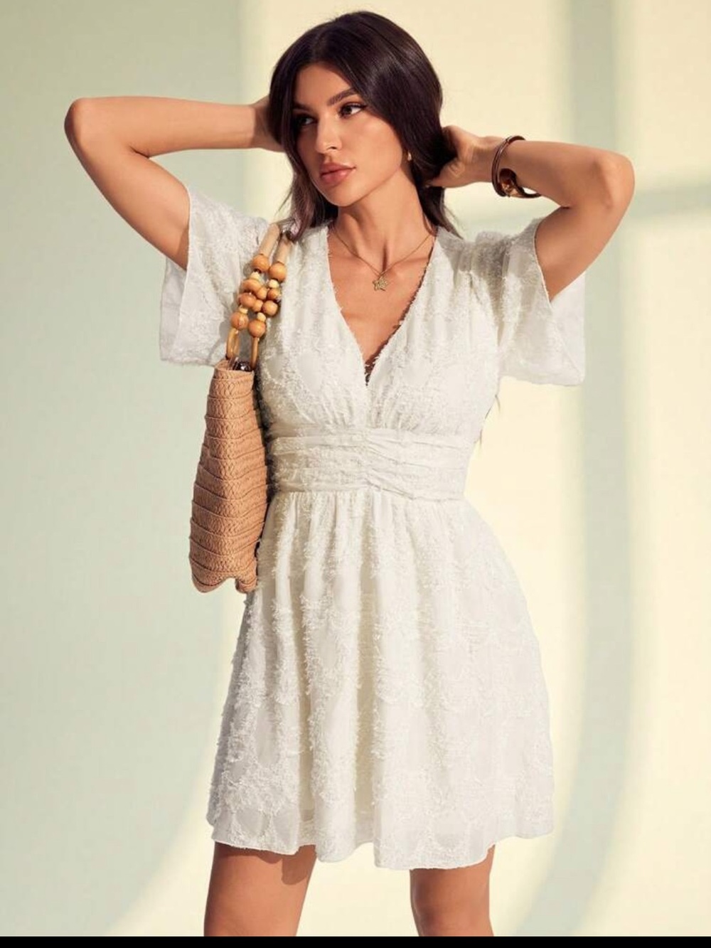 SHEIN White V-Neck Lace Mini Dress